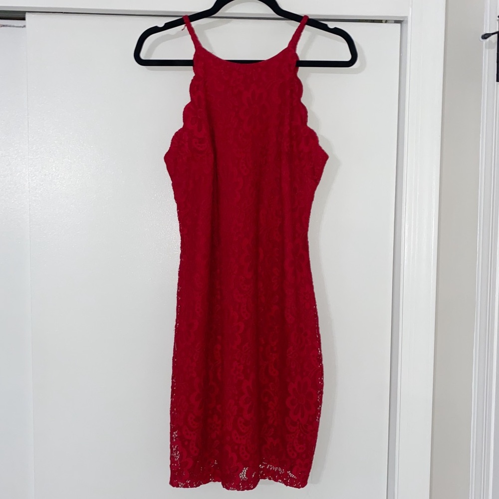 Red lace cocktail dress.